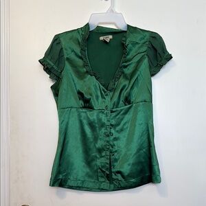 Chic Blue Silk Blouse with Ruffled Sleeves